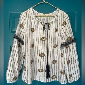 Listicle White and Black Striped Blouse with Embroidered Accents size M